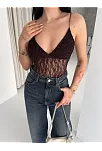 Kadın Dantel Detaylı Derin Dekolte Body Şık Kolsuz Yazlık Bodysuit - Kahvrenegi