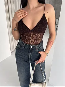 Kadın Dantel Detaylı Derin Dekolte Body Şık Kolsuz Yazlık Bodysuit - Kahvrenegi