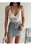 Kadın Dantel Detaylı Derin Dekolte Body Şık Kolsuz Yazlık Bodysuit - Beyaz