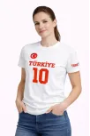 Kadın Türkiye Ay Yıldız Baskılı 10 Numara Forma Tişört Taraftar T-shirt - Beyaz