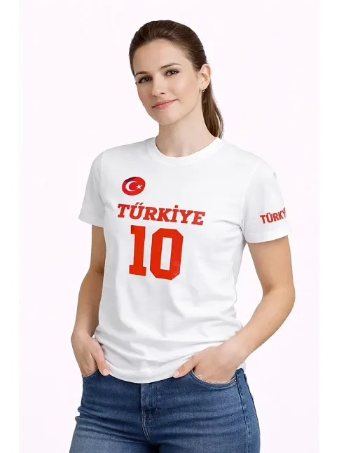 Kadın Türkiye Ay Yıldız Baskılı 10 Numara Forma Tişört Taraftar T-shirt - Beyaz