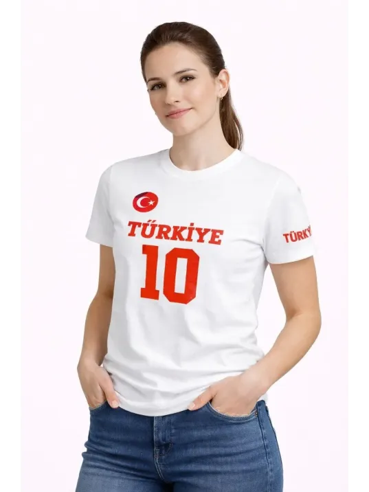 Kadın Türkiye Ay Yıldız Baskılı 10 Numara Forma Tişört Taraftar T-shirt - Beyaz