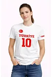 Kadın Türkiye Ay Yıldız Baskılı 10 Numara Forma Tişört Taraftar T-shirt - Beyaz