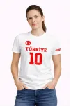 Kadın Türkiye Ay Yıldız Baskılı 10 Numara Forma Tişört Taraftar T-shirt - Beyaz