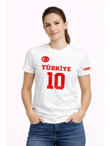 Kadın Türkiye Ay Yıldız Baskılı 10 Numara Forma Tişört Taraftar T-shirt - Beyaz