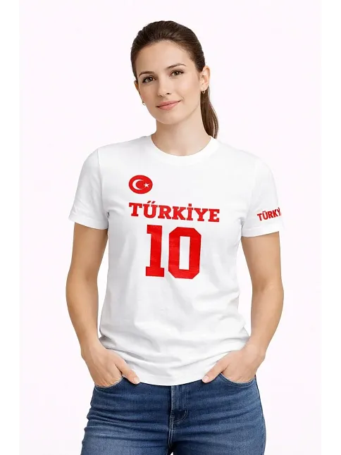 Kadın Türkiye Ay Yıldız Baskılı 10 Numara Forma Tişört Taraftar T-shirt - Beyaz