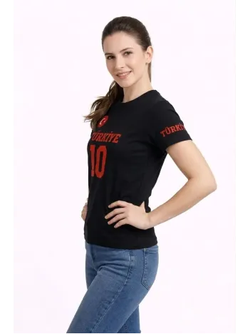 Kadın Türkiye Ay Yıldız Baskılı 10 Numara Forma Tişört Taraftar T-shirt - Siyah
