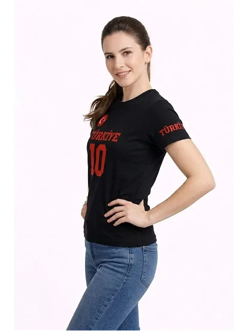 Kadın Türkiye Ay Yıldız Baskılı 10 Numara Forma Tişört Taraftar T-shirt - Siyah