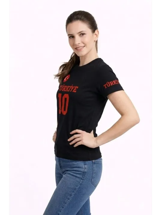 Kadın Türkiye Ay Yıldız Baskılı 10 Numara Forma Tişört Taraftar T-shirt - Siyah
