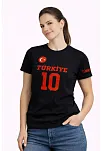 Kadın Türkiye Ay Yıldız Baskılı 10 Numara Forma Tişört Taraftar T-shirt - Siyah