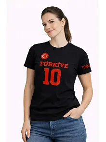 Kadın Türkiye Ay Yıldız Baskılı 10 Numara Forma Tişört Taraftar T-shirt - Siyah