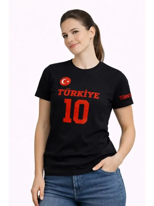Kadın Türkiye Ay Yıldız Baskılı 10 Numara Forma Tişört Taraftar T-shirt - Siyah