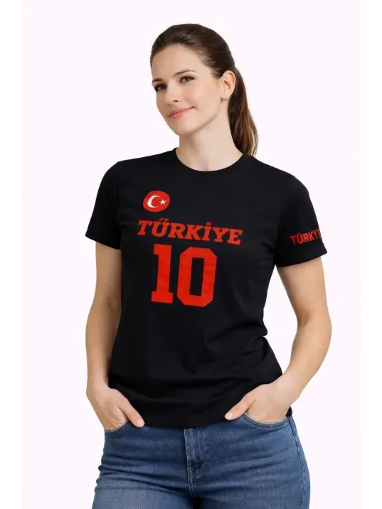 Kadın Türkiye Ay Yıldız Baskılı 10 Numara Forma Tişört Taraftar T-shirt - Siyah