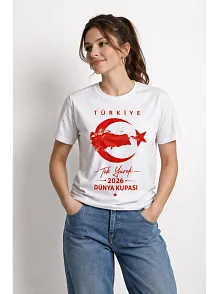 Kadın Türkiye Ay Yıldız 2026 Dünya Kupasi Taraftar Forma T-shirt - Beyaz