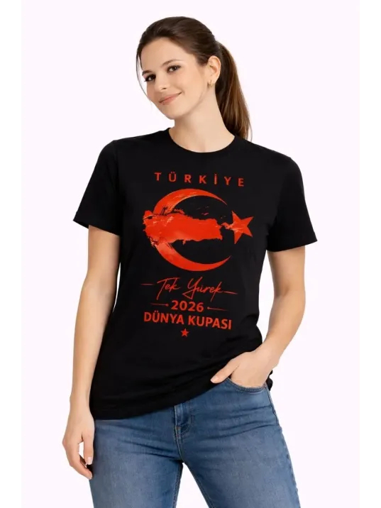 Kadın Türkiye Ay Yıldız 2026 Dünya Kupasi Taraftar Forma T-shirt - Siyah