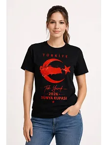 Kadın Türkiye Ay Yıldız 2026 Dünya Kupasi Taraftar Forma T-shirt - Siyah