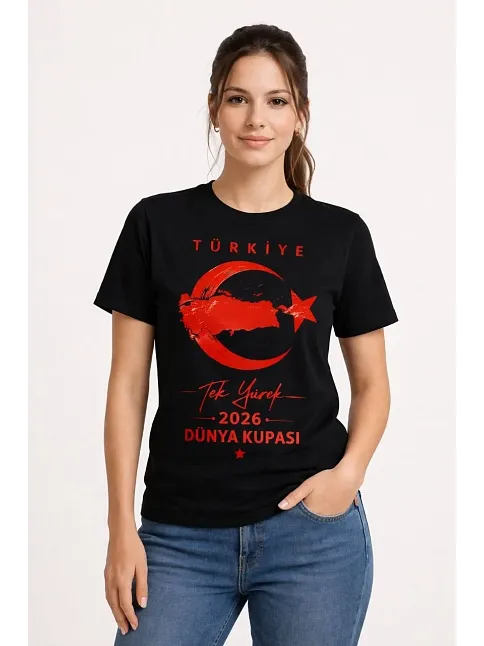 Kadın Türkiye Ay Yıldız 2026 Dünya Kupasi Taraftar Forma T-shirt - Siyah
