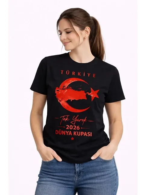 Kadın Türkiye Ay Yıldız 2026 Dünya Kupasi Taraftar Forma T-shirt - Siyah