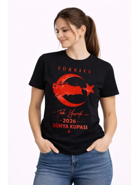 Kadın Türkiye Ay Yıldız 2026 Dünya Kupasi Taraftar Forma T-shirt - Siyah