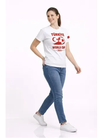 Kadın Türkiye World Cup 2026 Baskılı Tişört Futbol Temalı Forma T-shirt - Beyaz