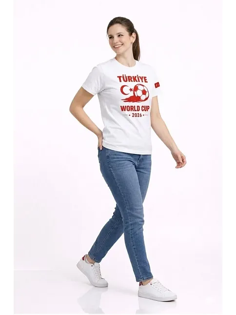 Kadın Türkiye World Cup 2026 Baskılı Tişört Futbol Temalı Forma T-shirt - Beyaz