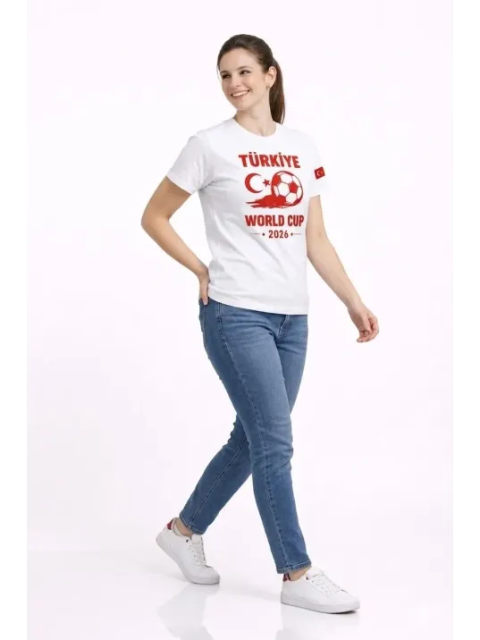 Kadın Türkiye World Cup 2026 Baskılı Tişört Futbol Temalı Forma T-shirt - Beyaz Kadın Türkiye World Cup 2026 Baskılı Tişört Futbol Temalı Forma T-shirt - Beyaz