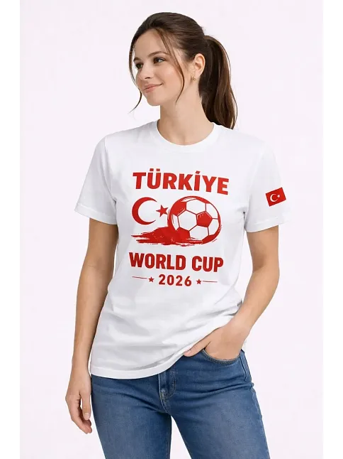 Kadın Türkiye World Cup 2026 Baskılı Tişört Futbol Temalı Forma T-shirt - Beyaz