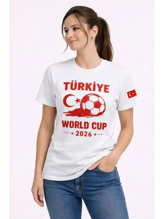 Kadın Türkiye World Cup 2026 Baskılı Tişört Futbol Temalı Forma T-shirt - Beyaz Kadın Türkiye World Cup 2026 Baskılı Tişört Futbol Temalı Forma T-shirt - Beyaz