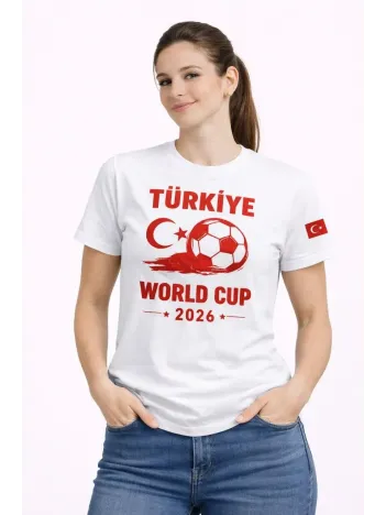Kadın Türkiye World Cup 2026 Baskılı Tişört Futbol Temalı Forma T-shirt - Beyaz