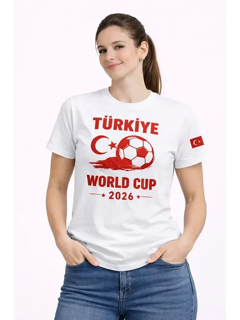 Kadın Türkiye World Cup 2026 Baskılı Tişört Futbol Temalı Forma T-shirt - Beyaz
