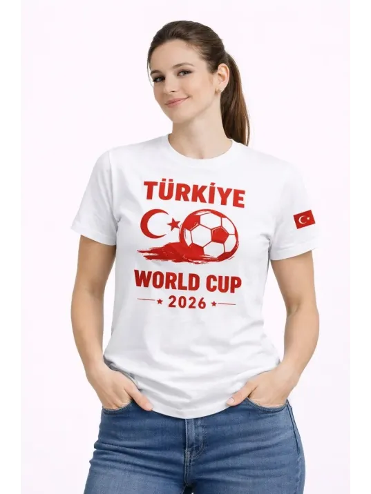 Kadın Türkiye World Cup 2026 Baskılı Tişört Futbol Temalı Forma T-shirt - Beyaz Kadın Türkiye World Cup 2026 Baskılı Tişört Futbol Temalı Forma T-shirt - Beyaz