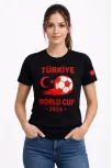 Kadın Türkiye World Cup 2026 Baskılı Tişört Futbol Temalı Forma T-shirt - Siyah