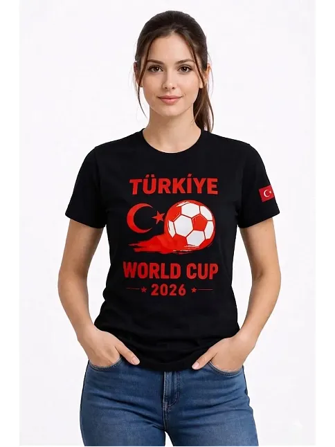 Kadın Türkiye World Cup 2026 Baskılı Tişört Futbol Temalı Forma T-shirt - Siyah