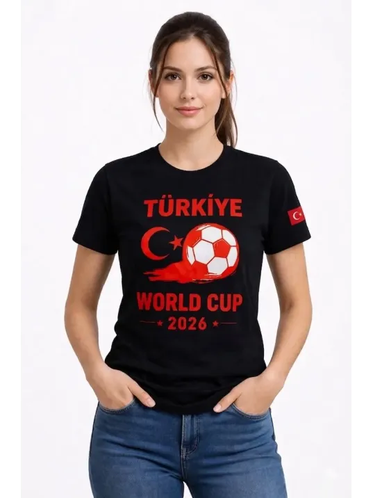 Kadın Türkiye World Cup 2026 Baskılı Tişört Futbol Temalı Forma T-shirt - Siyah