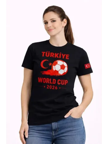 Kadın Türkiye World Cup 2026 Baskılı Tişört Futbol Temalı Forma T-shirt - Siyah