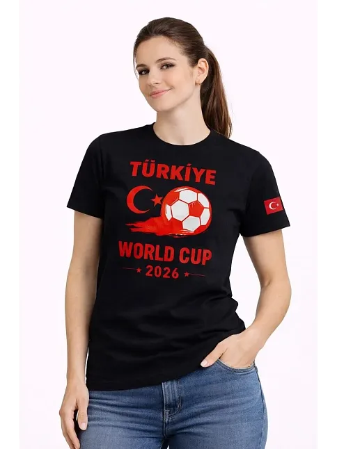 Kadın Türkiye World Cup 2026 Baskılı Tişört Futbol Temalı Forma T-shirt - Siyah
