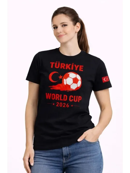 Kadın Türkiye World Cup 2026 Baskılı Tişört Futbol Temalı Forma T-shirt - Siyah