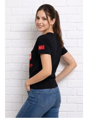 Kadın Türkiye World Cup 2026 Baskılı Tişört Futbol Temalı Forma T-shirt - Siyah