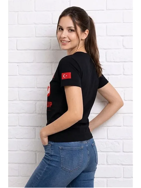 Kadın Türkiye World Cup 2026 Baskılı Tişört Futbol Temalı Forma T-shirt - Siyah