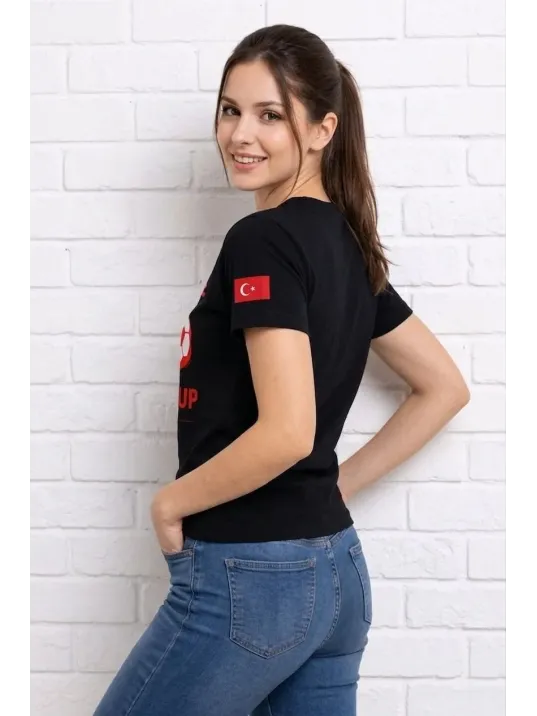 Kadın Türkiye World Cup 2026 Baskılı Tişört Futbol Temalı Forma T-shirt - Siyah