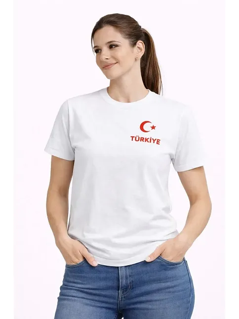 Kadın Türkiye Ay Yıldız Baskılı Taraftar Forma T-shirt - Beyaz