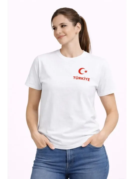 Kadın Türkiye Ay Yıldız Baskılı Taraftar Forma T-shirt - Beyaz