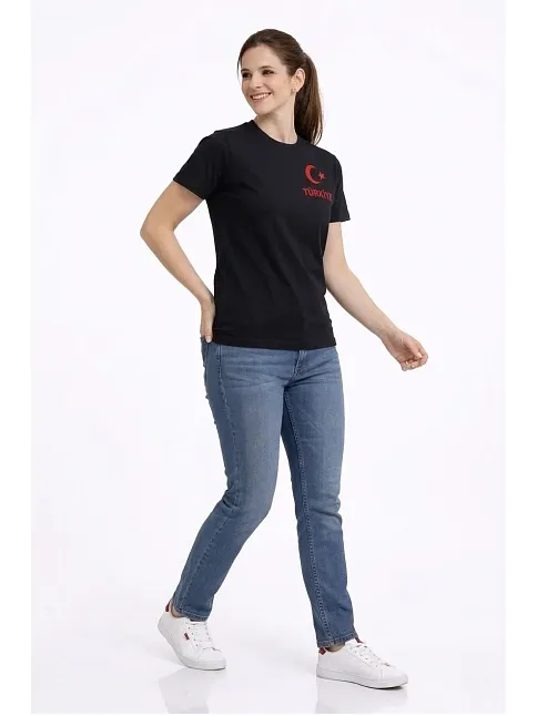 Kadın Türkiye Ay Yıldız Baskılı Taraftar Forma T-shirt - Siyah