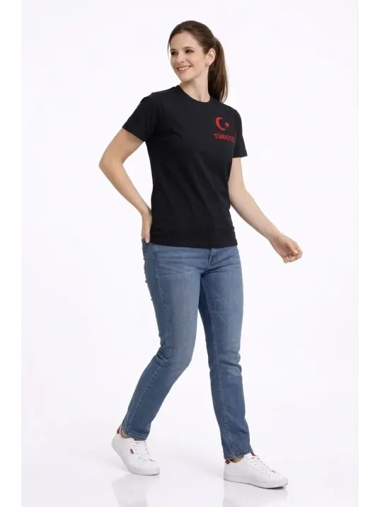 Kadın Türkiye Ay Yıldız Baskılı Taraftar Forma T-shirt - Siyah Kadın Türkiye Ay Yıldız Baskılı Taraftar Forma T-shirt - Siyah