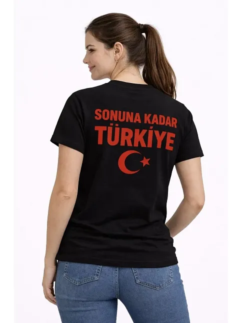 Kadın Türkiye Ay Yıldız Baskılı Taraftar Forma T-shirt - Siyah
