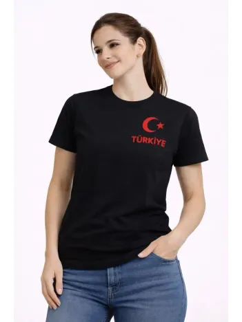 Kadın Türkiye Ay Yıldız Baskılı Taraftar Forma T-shirt - Siyah