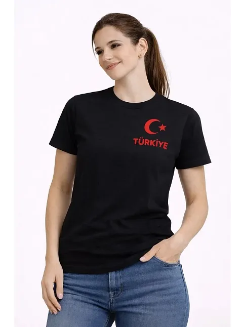 Kadın Türkiye Ay Yıldız Baskılı Taraftar Forma T-shirt - Siyah
