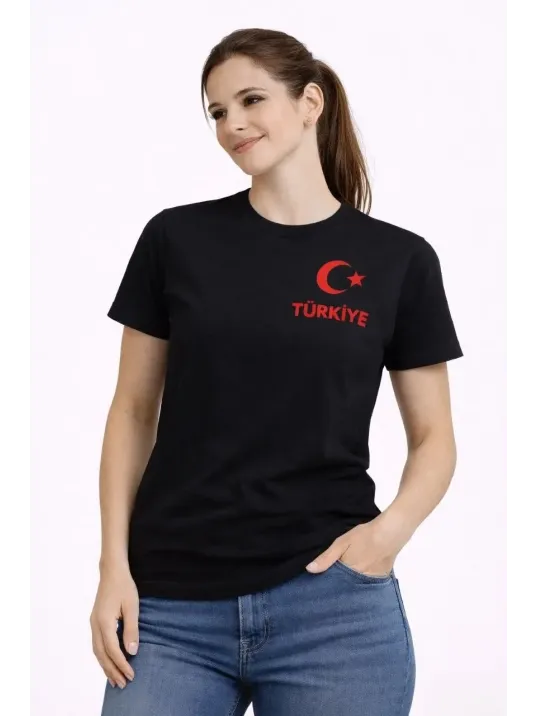 Kadın Türkiye Ay Yıldız Baskılı Taraftar Forma T-shirt - Siyah Kadın Türkiye Ay Yıldız Baskılı Taraftar Forma T-shirt - Siyah