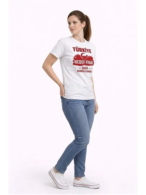 Kadın Türkiye Baskılı Tişört Ay Yıldız 2026 Dünya Kupası Taraftar Forma T-shirt - Beyaz