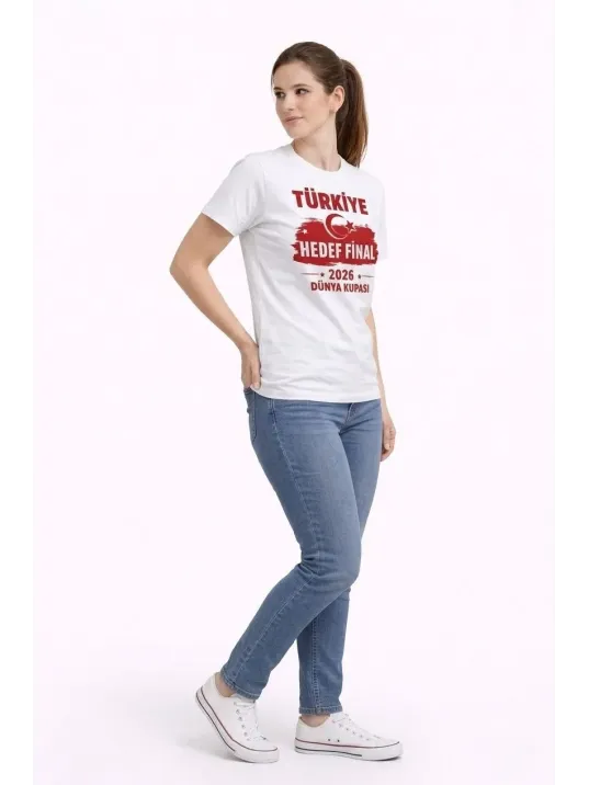 Kadın Türkiye Baskılı Tişört Ay Yıldız 2026 Dünya Kupası Taraftar Forma T-shirt - Beyaz